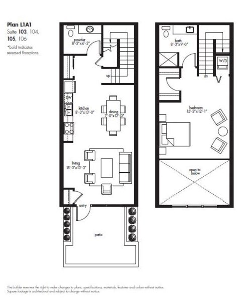Floor plan for 1 bed, 1.5 baths, 1117 sqft